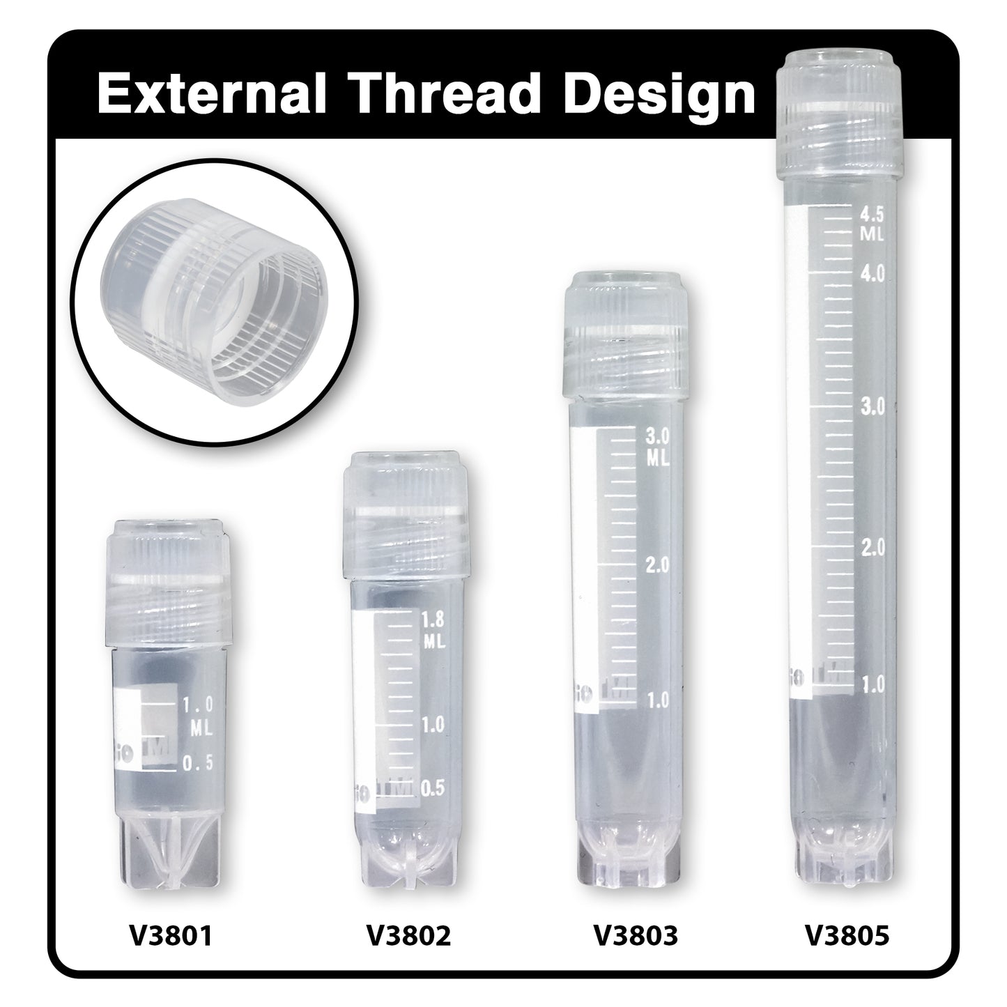 Cryogenic Vials, Self-Standing, Sterile, Printed Graduations and Marking Area, Silicone O-Ring, 1 Locking Rack
